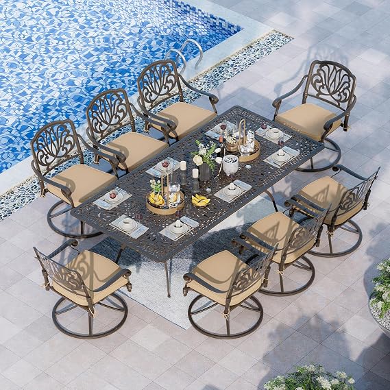 Grepatio 9 Piece Cast Aluminum Patio Furniture Set Outdoor Dining Set Bistro Furniture Set with 8 Swivel Chairs and Dining Table with Umbrella Hole, Cushions for Backyard Garden Poolside (Khaki)