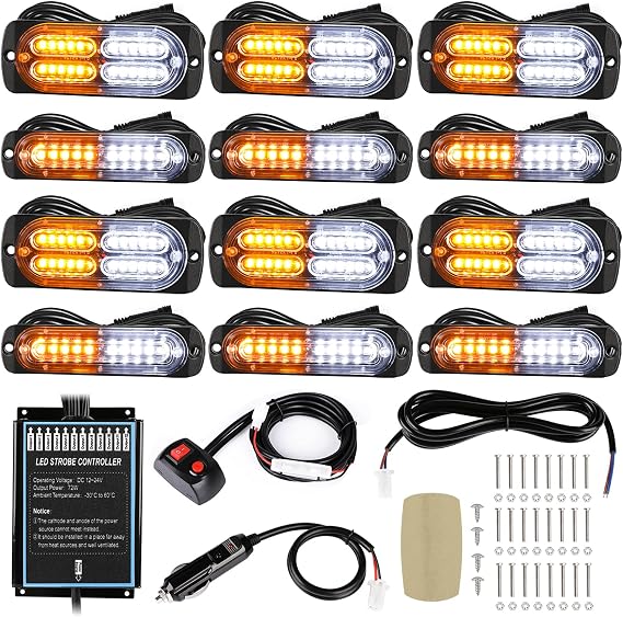 LINKITOM 12pcs Ultra Slim LED Strobe Lights w/Controller, Amber/White