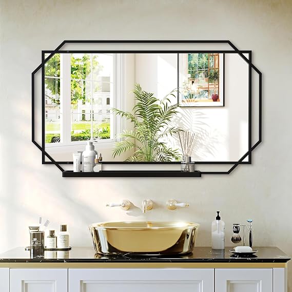 21 * 36 Inch Modern Vanity Mirror with Multi-Functional Shelf, Large Bathroom Mirror for Over Sink, Black Frame Decoration Mirrors, Suitable for Bathroom, Living Room, Bedroom