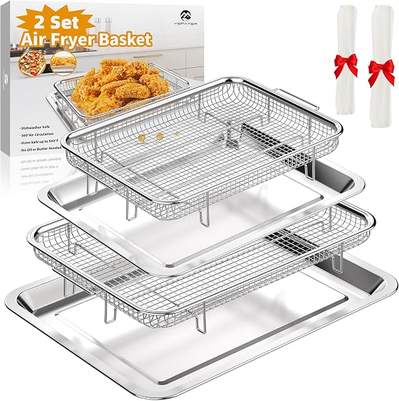 Air Fryer Basket for Oven, 2 Set Air Fryer Tray and Pan with 60PCS Parchment Papers, YEPATER Stainless Steel Air Fryer Pan and Crisper Tray for for Baking Grilling Cooking and Frying