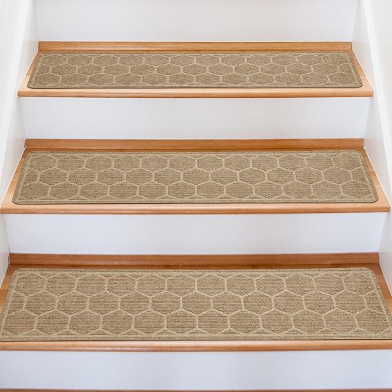 15 Pack 8 "X 30" Non-Slip Carpet Stair Treads for Indoor Wooden Steps, Made of Polyester and Reusable Adhesive, Suitable for Kids Elders and Pets(Beige Hexagon)