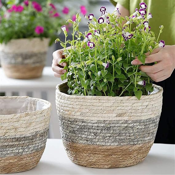 Seagrass Basket Planter, Flower Pots Cover Storage Basket Plant Containers, Plant Pots for Indoor Plants, Rustic Farmhouse Planter FJIUMOZEN (Large)