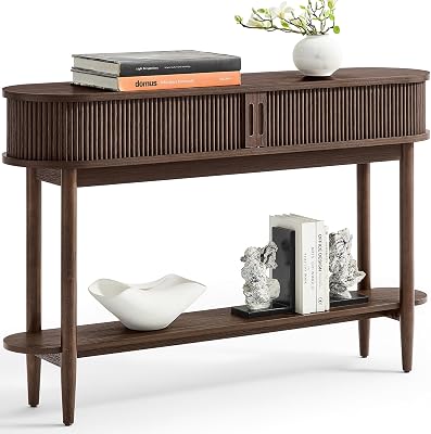 LINSY Fluted Console Table with Storage, Entryway Table Wood Entrance Tables for Front Door, Behind Couch Sofa Table with Shelves, Foyer Tables for Hallways, Living Room Vintage Furniture, Walnut