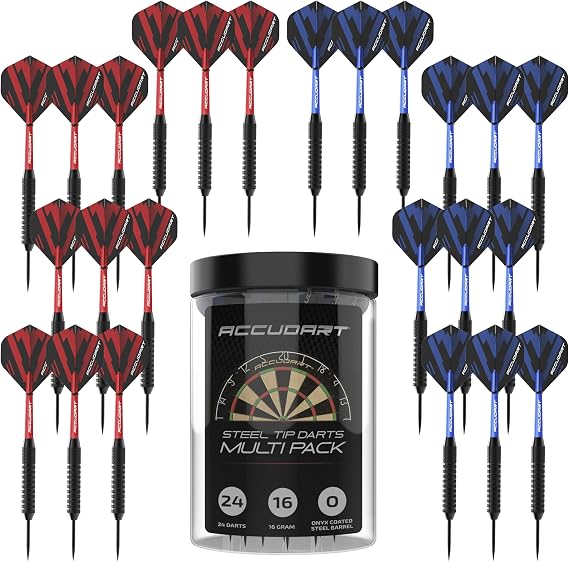 Accudart 24pk Steel Tip Dart Multi-Pack - Onyx Coated Steel Tip Barrel - Polycarbonate Shafts - Standard Poly Flights