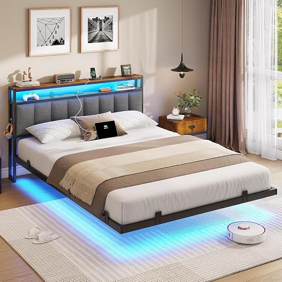 AOGLLATI Double Bed Frame 135x190 cm with Floating Visual Effect, 4ft6 Metal Bed Frame with Adjustable LED Lighting and Charging Station, Double Bed with Headboard, Dark Grey (Mattress Not Included)