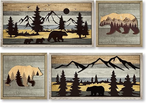 Wesiti 4 Pcs Bear Wall Art Decor 3D Rustic Cabin Wall Decor