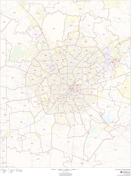 San Antonio, Texas Zip Codes - 36" x 48" Paper Wall Map