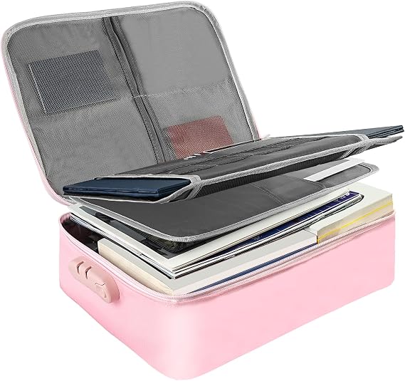 Fireproof Document Box, Waterproof and Fireproof Document Storage Bag, Portable Home Fire Safe Storage Box Case with Lock for Documents, Deed and Birth Certificate, Pink