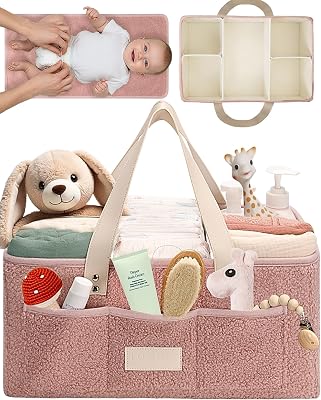 Baby Diaper Caddy Organizer with Portable Changing Mat - Teddy Fleece Diaper Organizer for Changing Table - Basket for Changing Essentials - Baby Essentials Organizer with Removable Dividers