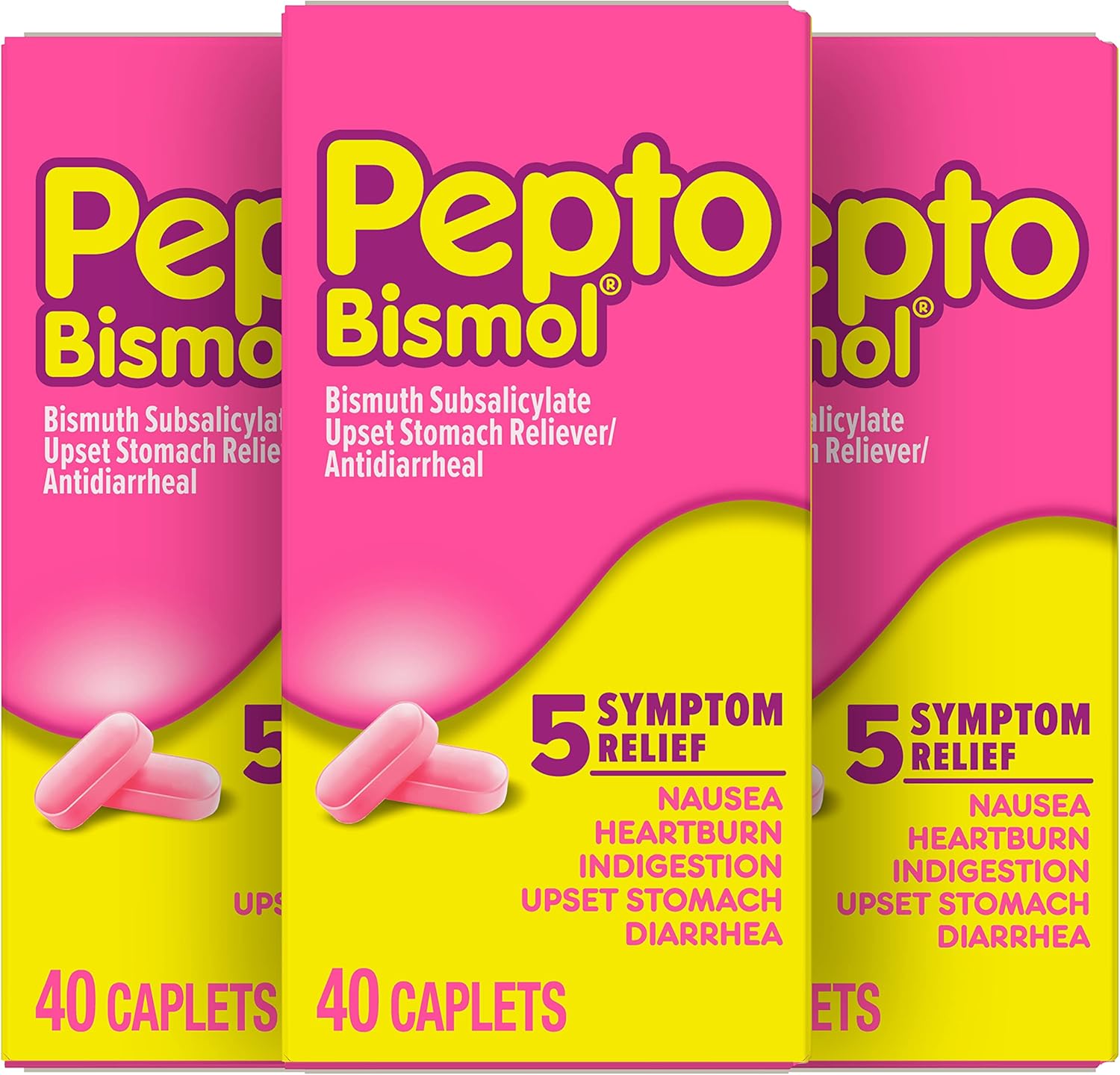 Pepto Bismol Caplets for Nausea, Heartburn, Indigestion, Upset Stomach, and Diarrhea, 5 Symptom Fast Relief in a Convenient Form, 120 Total 3 Packs of 40