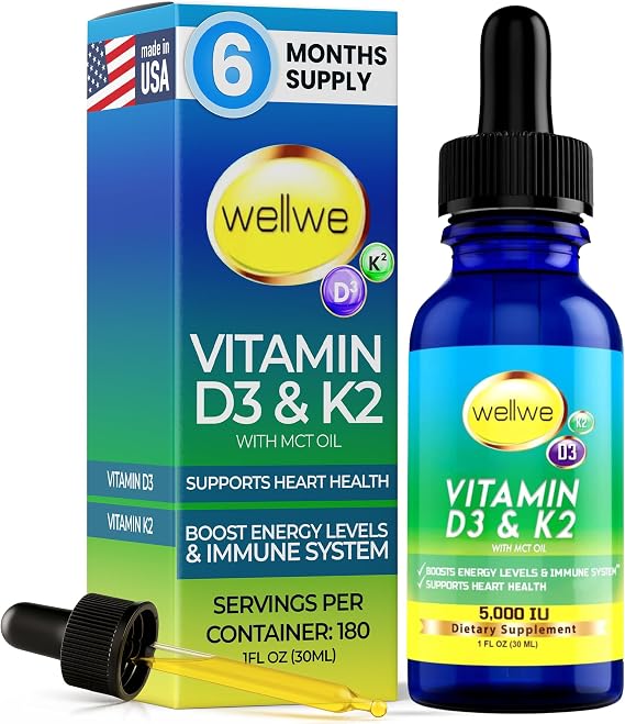 Vitamin D3 K2 Liquid Drops - Vitamin D3 5000 IU, Vitamin D Drops Adult, No Fillers, Non-GMO, No Taste, Liquid Vitamin d3 with k2 Supplement to Boost Energy Levels, Mood, Immune System, 1 fl oz