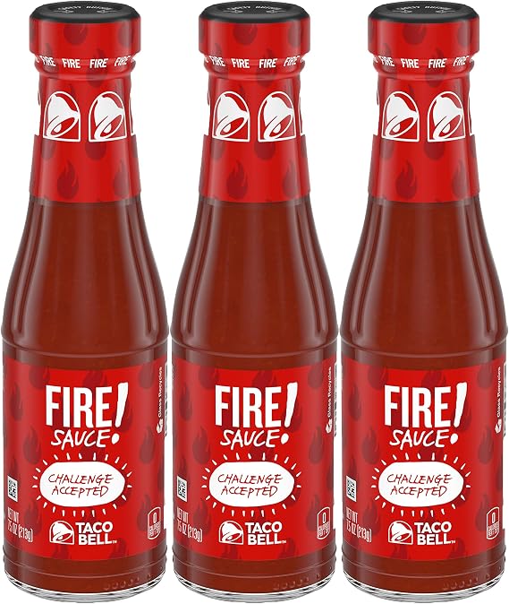 Taco Bell Fire Sauce Glass Bottle, 7.5 OZ 3-pack