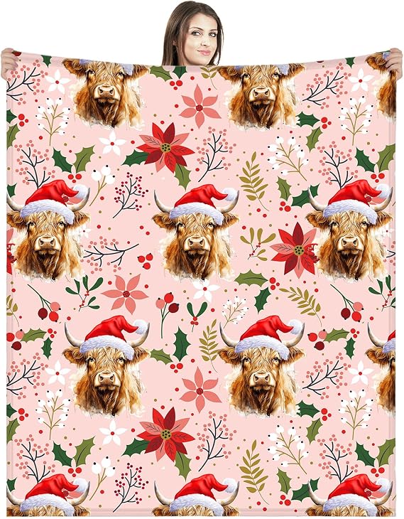 Buryeah Christmas Highland Cow Throw Blanket 60 x 50 Inches Christmas Highland Cow with Santa Hat Vintage Soft Warm Blanket Western Farm Animal Flannel Blanket for Home Bed Sofa Couch Chair Decoration