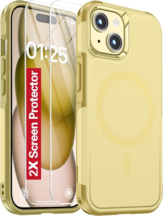 Oterkin Magnetic for iPhone 15 Case, [Compatible with MagSafe],[Strong N52 Magnets] Phone Case with [2Pcs Tempered Glass Screen Protectors][10FT Military Grade Protection] (B-Yellow)