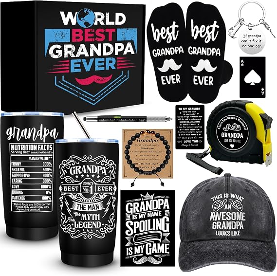 JTAMOHI 11 Pieces Grandpa Gifts, Best Grandpa Ever Gift with 20 Oz Tumbler Socks Baseball Cap Tape Measure Bracelet Wallet Card Keychain, Fathers Day Birthday Christmas Gift for Grandfather Granddad