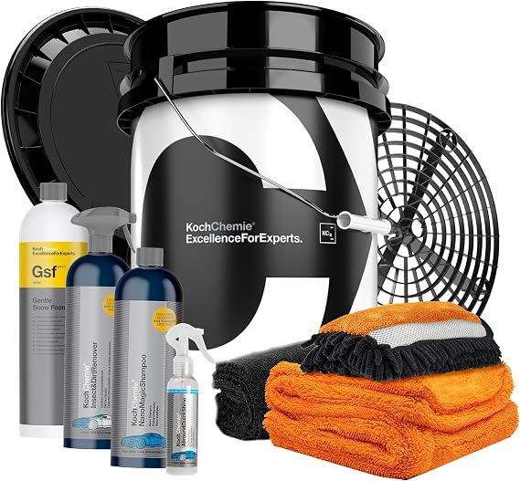 Koch Chemie Car Cleaning Set Exterior Wash Bucket 20 L + Lid + Dirt Strainer Insert + Nano Magic Shampoo + Insect & Dirt Remover + Gentle Snow Foam + Allround Quick Shine Drying Cloth + Wash Glove