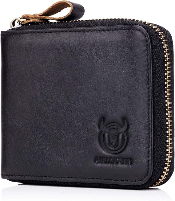 BULLCAPTAIN Mens Genuine Leather Zipper Wallet RFID Blocking Bifold Secure Zip Around Wallets Multi Credit Card Holder Purse (black)