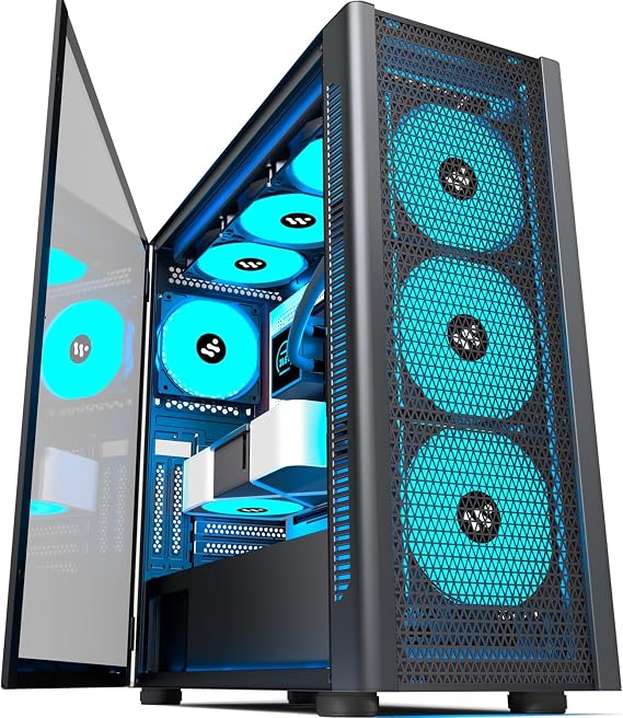 KEDIERS PC CASE ATX 6 PWM ARGB Fans Pre-Installed, Mid-Tower Gaming PC Case, Panoramic Tempered Glass Computer Case with USB3.0,360mm Radiator Support