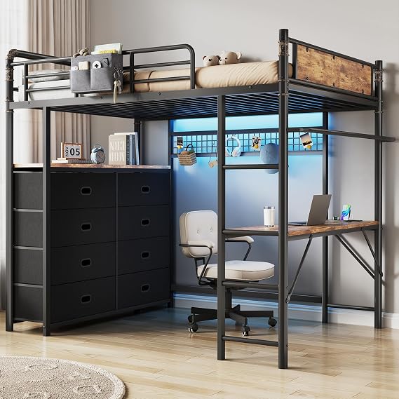 Twin Loft Bed with Desk and 8 Storage Drawers, Metal Loft Bed Twin Size with LED Lights & Charging Station, Bed Frame with Hanging Rod, Safety Guardrail & Ladder, for Kids & Teens (Rustic Brown)
