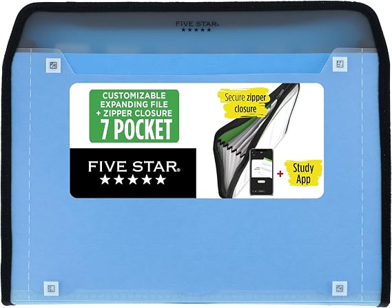 Five Star Expanding File Organizer + Study App, 7-Pocket Accordian File Organizer, Zipper Closure, Holds 8.5" x 11" Paper, Blue (Color May Vary) (350099B)
