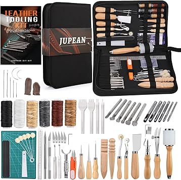 Leather Working Kit, Leather Tools, Working Tool Kits with Stamping Tools Storage Bag Cutting Mat Prong Punch Waxed Thread Stitching Groover for DIY Craft