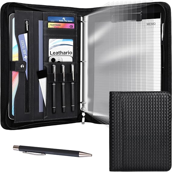 Leathario Portfolio Binder, Padfolio Organizer, 3 Ring Binder with Zipper | Includes Pen and 10 Sheet Protectors, Fits 13 in Tablet, Vegan Leather, for Business Resume Office Professional Men and Women