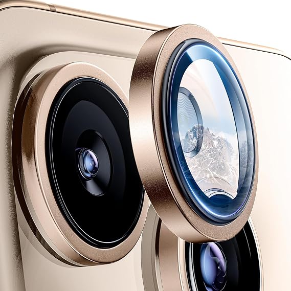 Minesk iPhone 16 Pro ve 16 Pro Max ile Uyumlu Kolay Kurulum Aparatlı Alüminyum Alaşım Çerçeveli ve 9H Sertliğinde Temperli Camlı Lens Koruyucu (Çöl Titantum, Lens Glass)