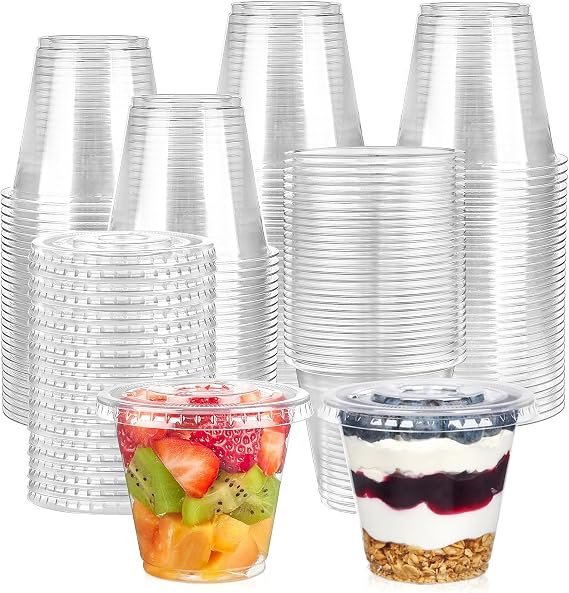 100 Pack 9 oz Plastic Dessert Cups with Flat Lids No Hole
