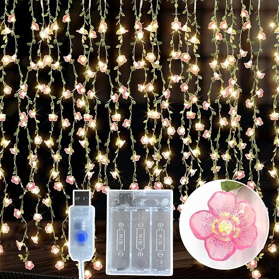Cherry Blossom Vine Lights - 108 LED 59"x31.5" Warm White Curtain String Lights, Pink Flower Fairy Lights, Romantic Valentine's Day,USB/Battery Box with 16.4ft Cord,Bedroom Wall Deg Decoration