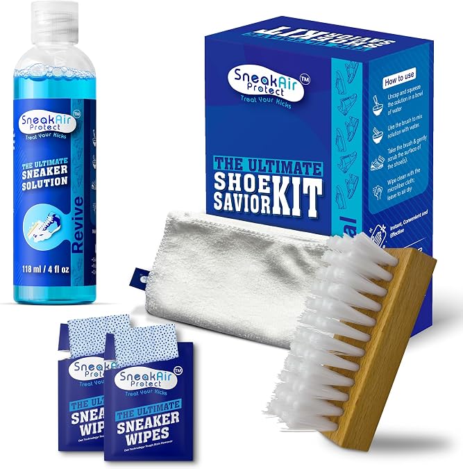 SneakAir Protect Premium Shoe Cleaner Kit Includes Cleaning Solution, Microfiber Towel, Brush, and Sneaker Wipes Ideal for Sneakers, Leather, Suede, and White Shoes