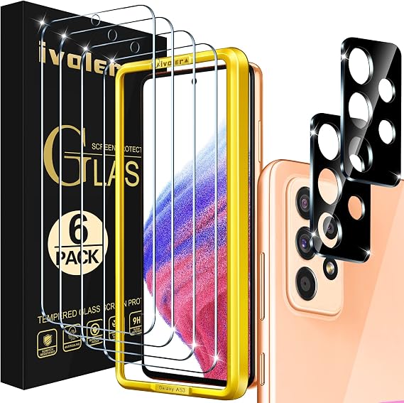 ivoler [4+2 Pack] Screen Protector for Samsung Galaxy A53 5G 6.5" 2022 [4 Pack] with [2 Pack] Camera Lens Protector Tempered Glass with [Alignment Frame] Transparent HD Clear Anti-Scratch, 6.5 inch