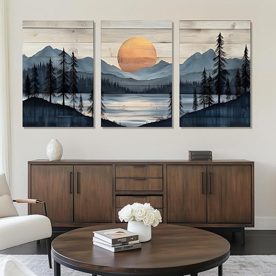 Mountain Wall Art, Mountain Canvas Wall Art, Landscape Picture Print, Wood Rustic Decor, Nature Painting, Landscape Print Decor, Western Farmhouse for Living Room, Bedroom (16" x 24" x 3 pcs)