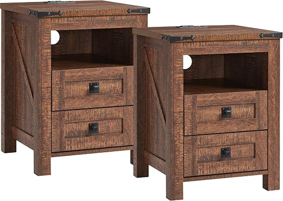 T4TREAM Farmhouse Nightstand Set of 2, Rustic End Table with 2 Drawers, Charging Station, Storage Open Shelf for Bedroom, Living Room, Wood Side Table, Reclaimed Barnwood