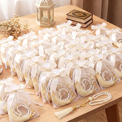 Cunno 24 Sets Muslim Prayer Beads Islamic Eid Gifts with Bows, Bags Tasbeeh Islamic Prayer Beads Bulk Party Favors Muslim Festival Rosary Religious Jewelry Favors for Ramadan Hajj Wedding