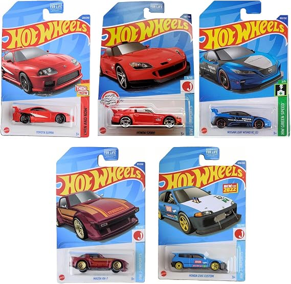 Hot Wheels 2022 Import Tuner DieCast 5Pack (L2593977M) | Toyota Supra, Honda Civic Custom, Mazda RX7, Honda S2000 & Nissan Intelligent Mobility | 1:64 Scale Ages 3+