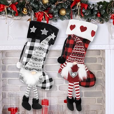 Whaline 2Pcs Large Christmas Stockings 3D Plush Gnome Santa Hanging Stockings with Long Legs Red Black Buffalo Plaid Xmas Character Hanging Socks for Xmas Party Home Fireplace Decor Family Friend Gift