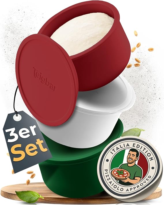 Italia Pizza Ball Box with Lid Set of 3 Space-Saving Dough Box Made of Easy to Remove Silicone Up to 350 g Pizza Dough Box with Lid Pizza Box - Green/White/Red