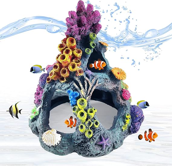 Reofrey Aquarium Coral Decorations Fish Tank Decor, Betta Resin Artificial Landscape Fish Hideaway Rock Coral Reef Ornament, Fish House for Betta Sleep Rest Hide Play Breed