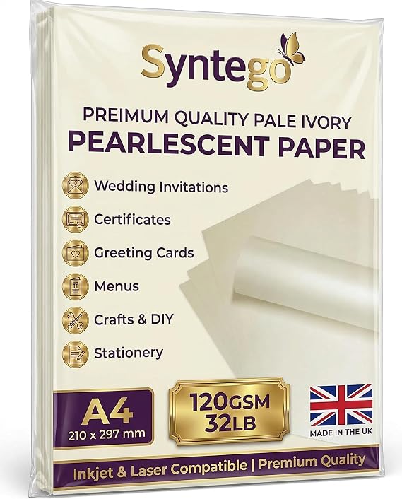 Premium Pearlescent Paper A4 (8.27 x 11.7”) 120gsm (32lb Bond) – Shimmer Cardstock Sheets for Inkjet & Laser Printers – Ideal for Certificates, Invitations, Menus & Crafts – Made in UK (10, Ivory)