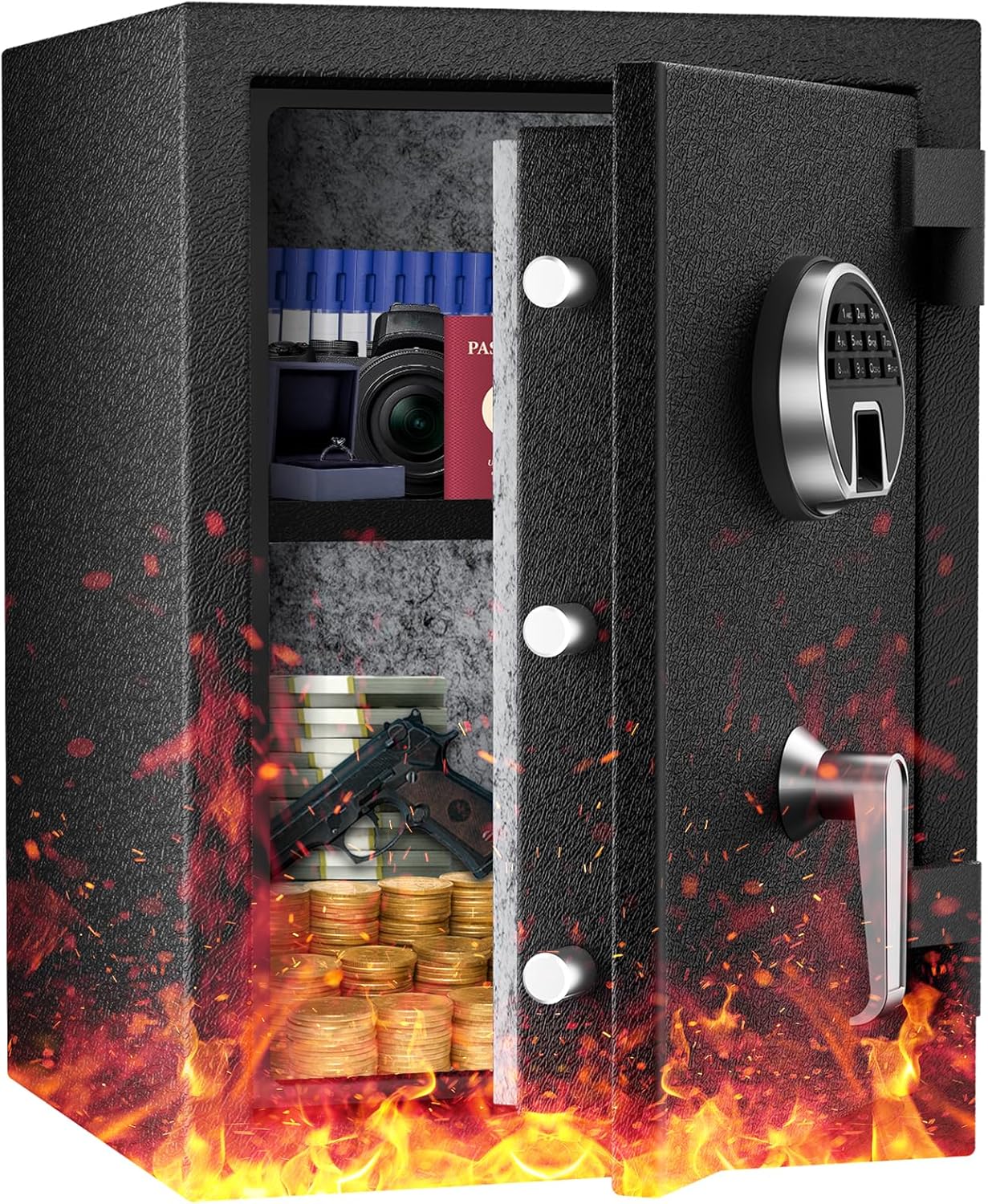 WASJOYE Biometric Fireproof Safe Fingerprint Furniture Safe with Digital Keyboard and Type-C Charging Safe Waterproof for Documents & Cash Safe for Home Hotel Office 63L