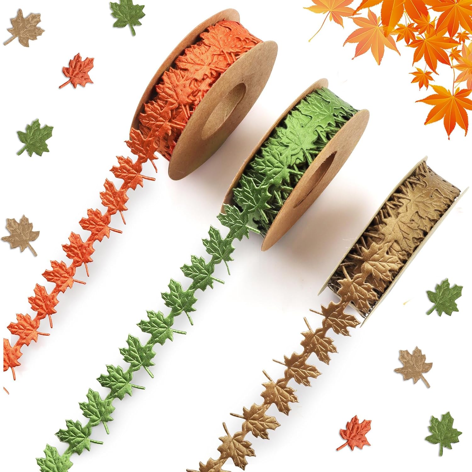 Hying 3 Rolls Fall Ribbons for Crafting, Autumn Maple Leaf Ribbon Orange Green Thanksgiving Craft Ribbons for Gift Wrapping DIY Wreath Bouquets Decorations-5 Yards Each