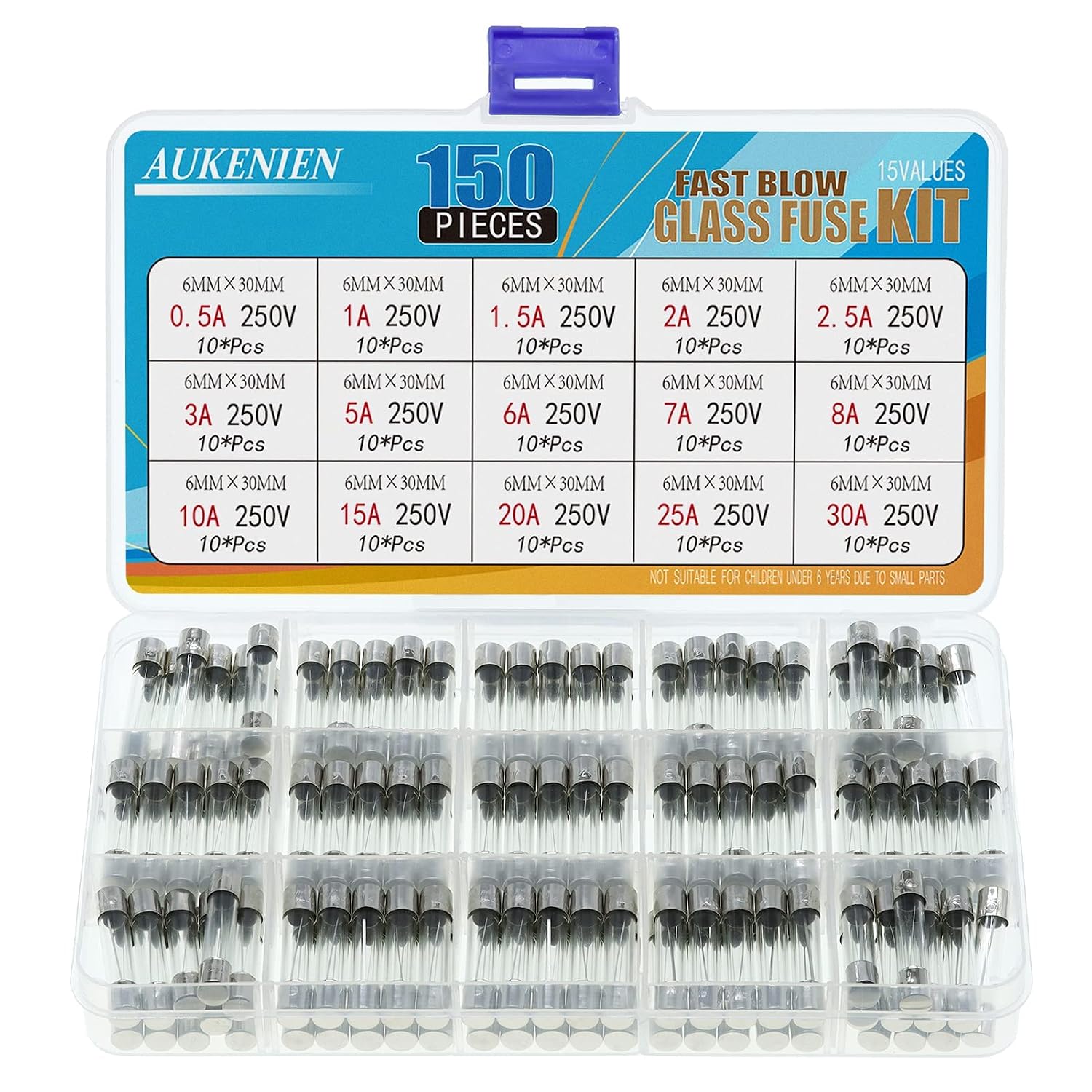 AUKENIEN 15 Value 150 Pcs 0.5A 1A 1.6A 2A 2.5A 3A 3.15A 4A 5A 6.3A 8A 10A 12A 15A 20A Amp 250V Fuses 5x20mm Fast Blow Glass Fuse Assortment Kit for Protecting Eectrical Euipment