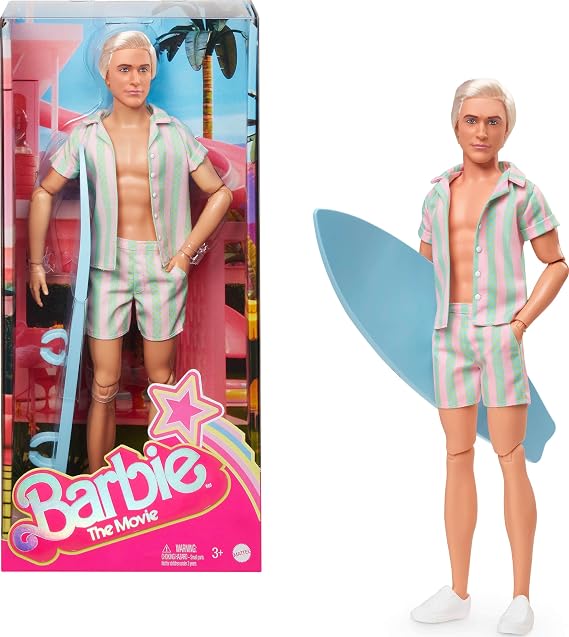 Barbie Movie Ken Doll Pastel Pink and Green Stripe Beach Matching Set with Surfboard and White Sneakers