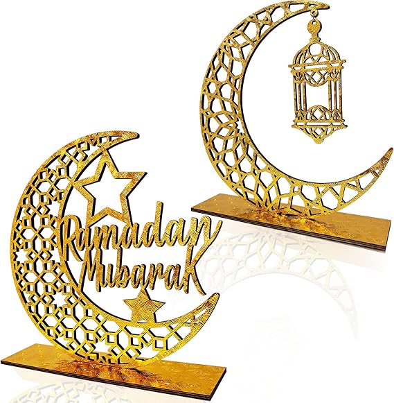2PCS Ramadan Mubarak Table Decorations, Wooden Eid Kareem Tabletop Sign for Home Room Centrepieces, Novelty Hollow Star Moon Lanterns Castles Ornament for Islamic Muslim Al-Fitr Party Supplies