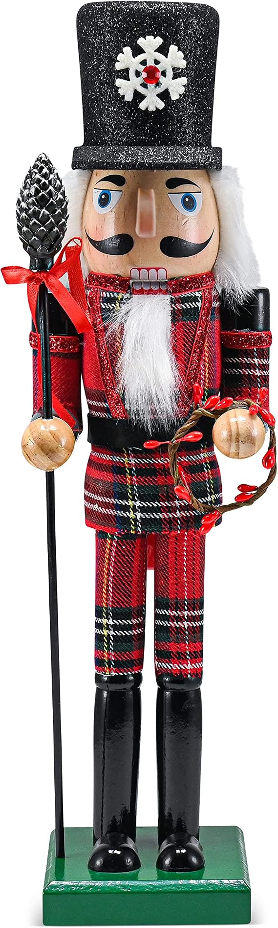 Christmas Buffalo Plaid Soldier Nutcracker - 15" Red & Black Acorn & Berry