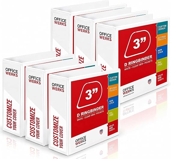 3 Ring Binder 3 Inch D-Ring, Heavy Duty, Holds 650 Sheets, 6 Pack White