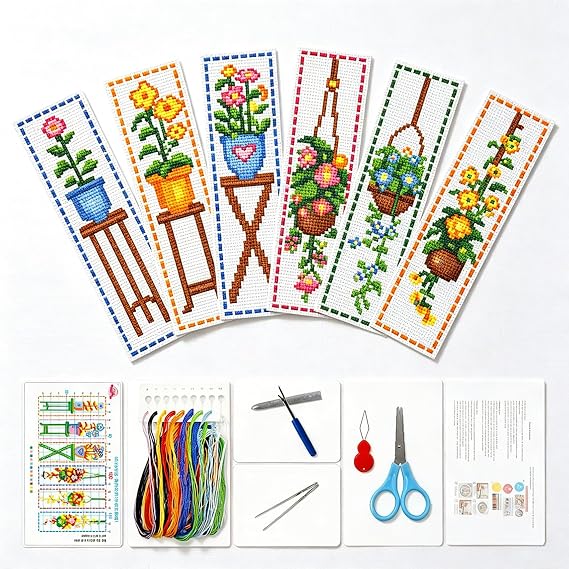 Zhenqing Floral Stamped Cross Stitch Bookmark Kit, 6 Iris Rose Daisy Lily Magnolia Designs for Adults and Beginners, Book Lover Gift