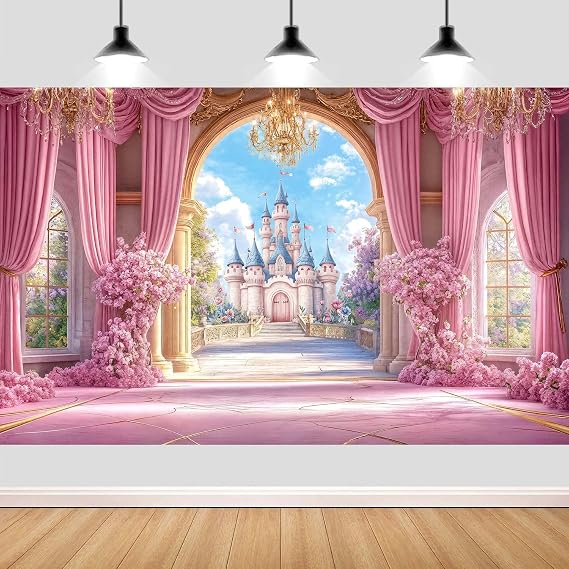 10X8ft Princess Castle Backdrop Pink Fairy Tale Wonderland Floral Arch Girls Birthday Party Wedding Baby Shower Banner Studio Photo Booth Kids Photoshoot Wall Decor Banner