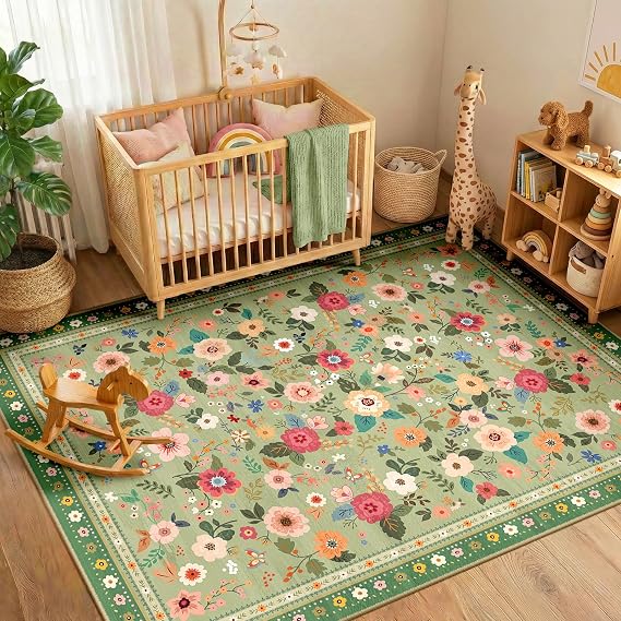 INOVADAY Washable Rug 90 x 150 cm Boho Style Short Pile Non-Slip Floral Print Design Rug for Living Room Bedroom Dining Room Office Light Green Schlafzimmer Küche Eingangshalle Badezimmer Esszimmer Kurzflor Rutschfest Blumen Print Boho Weich Pflegeleicht