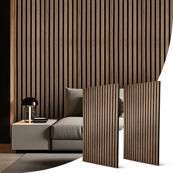 Acoustic Wood Slat Wall Panels 47.24x23.82 2 Pcs Walnut Fluted Decor | Sound Dampening Panels, Natural Wood Finish, 3D Wall Panels for Home/Studio/Office